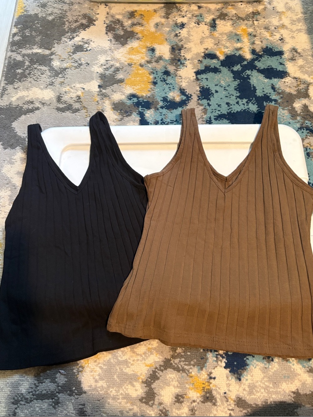 Ribbed V-Neck Tank Tops - Black and Brown